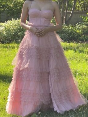 Strapless Blush Pink Tulle Ruffled Ball Gown